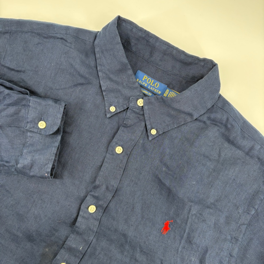 Polo Ralph Lauren Linen Shirt Mens XL Navy Blue Classic Fit Button Down